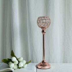 BalsaCircle 16″ Faux Crystal Beaded Candle Holder Rose Gold