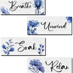 CELIVESGG 4 Pieces Bathroom Wall Decor, Blue, Flower Wall Art Wooden