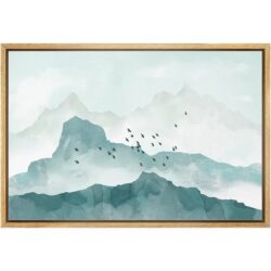Wall26 Framed Canvas Print Wall Art Green Watercolor Mountains & Birds Nature Wilderness Illustrations Modern