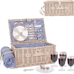 Picnic Basket for 4 Persons, Wicker Picnic Hamper Set with Waterproof Picnic Blanket
