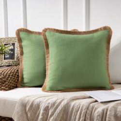 Phantoscope Linen Tassel Trimmed Farmhouse Series Decorative Throw Pillow, 18″ x 18″, Green, 2 Pack