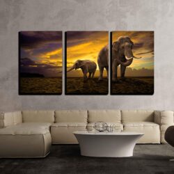 Wall26 – 3 Piece Canvas Wall Art – Elephants Family on Sunset