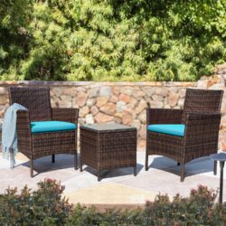 Devoko 3 Pieces Patio Conversation Set Outdoor Furniture Set Patio Bistro Set PE Rattan Wicker Chairs with Table, Brown/ Blue