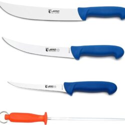 Jero 4 Piece P3 Butcher Meat Processing Set, Cimeter, Breaking, and Boning Knives – Includes Mundial Sharpening Steel