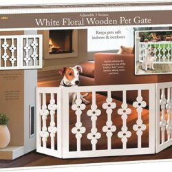 Etna White Floral Wooden Pet Gate – Freestanding Foldable Adjustable 3-Section Dog Gate. Extra Wide, Keeps Pets Safe Indoors/Outdoors – Fully Assembled