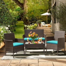 Lacoo 4 Piece Outdoor Patio Furniture Brown PE Rattan Wicker Table and Chairs Set with Cushions