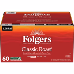 Folgers Classic Roast, Medium Roast Coffee, Keurig K Cup Pods, 60 Count Box
